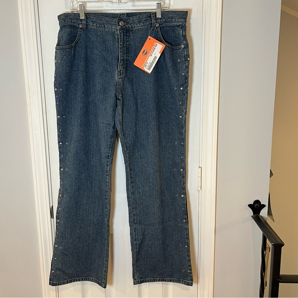 Vintage Harley-Davidson Size 16 Dark Blue Flare Jeans with Stud Accents NWT.